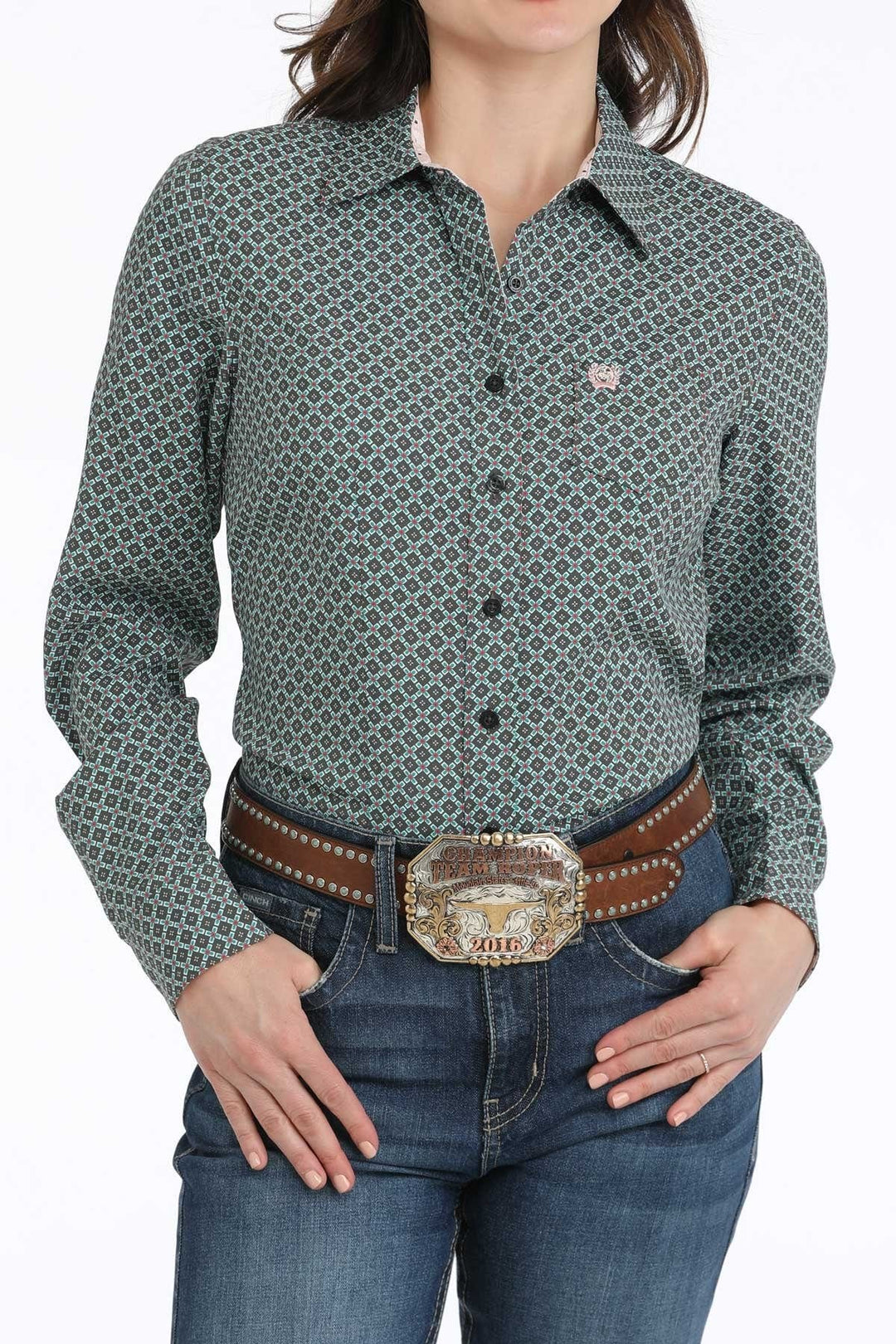 Women's Geometric Print Button Up Shirt-Grey-Women's top-Cinch-Whiskey Ray's Boutique, Women's Western Wear Boutique in Waxahachie, TX