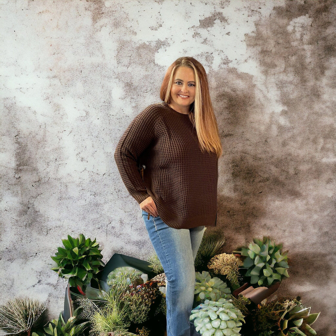 Brown Waffle Knit Sweater-Sweaters-Cotton & Rye-Whiskey Ray's Boutique, Women's Western Wear Boutique in Waxahachie, TX