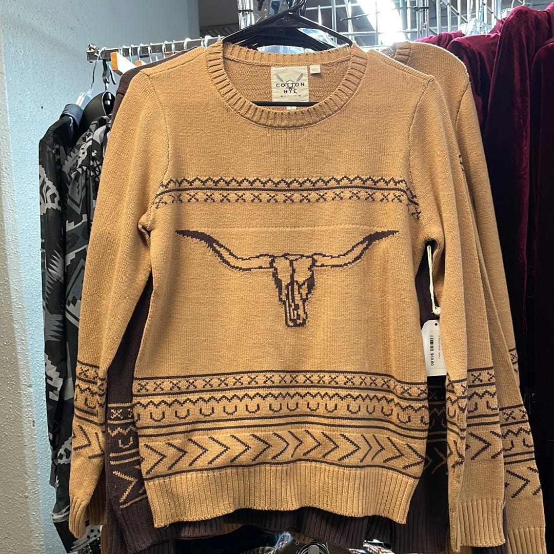 Camel Longhorn Sweater-Sweaters-Cotton & Rye-Whiskey Ray's Boutique, Women's Western Wear Boutique in Waxahachie, TX