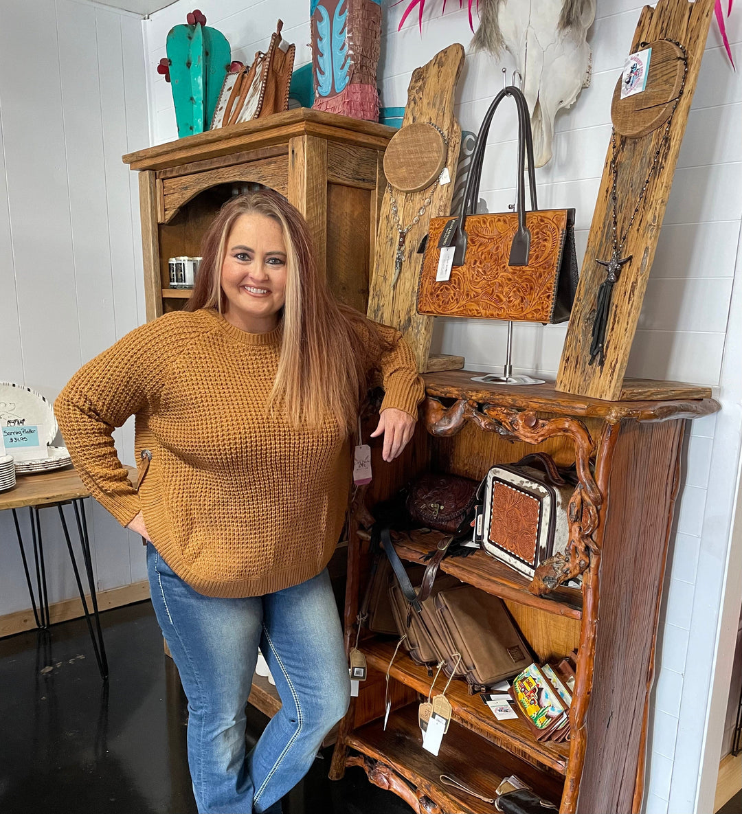 Caramel Waffle Knit Sweater-Sweaters-Cotton & Rye-Whiskey Ray's Boutique, Women's Western Wear Boutique in Waxahachie, TX