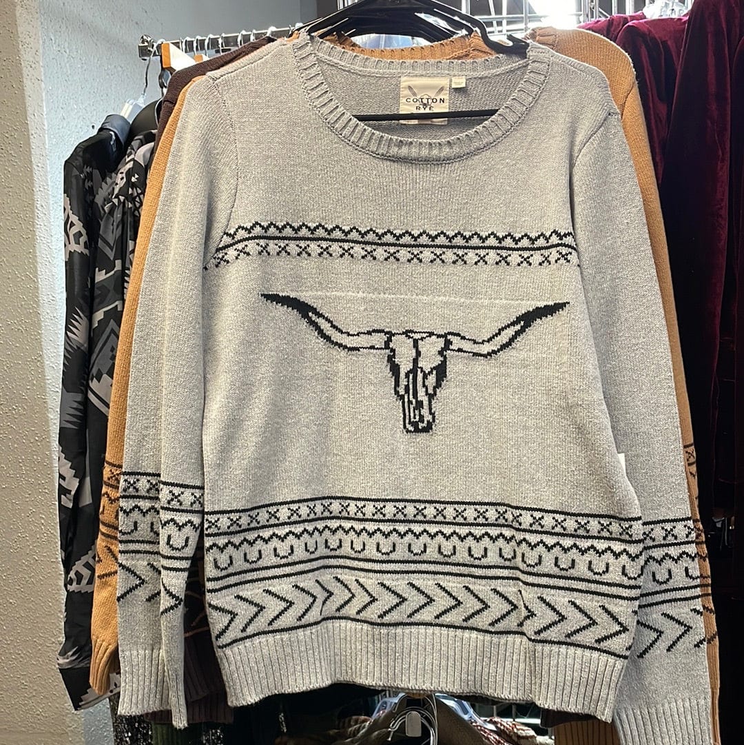 Grey Longhorn Sweater-Sweaters-Cotton & Rye-Whiskey Ray's Boutique, Women's Western Wear Boutique in Waxahachie, TX