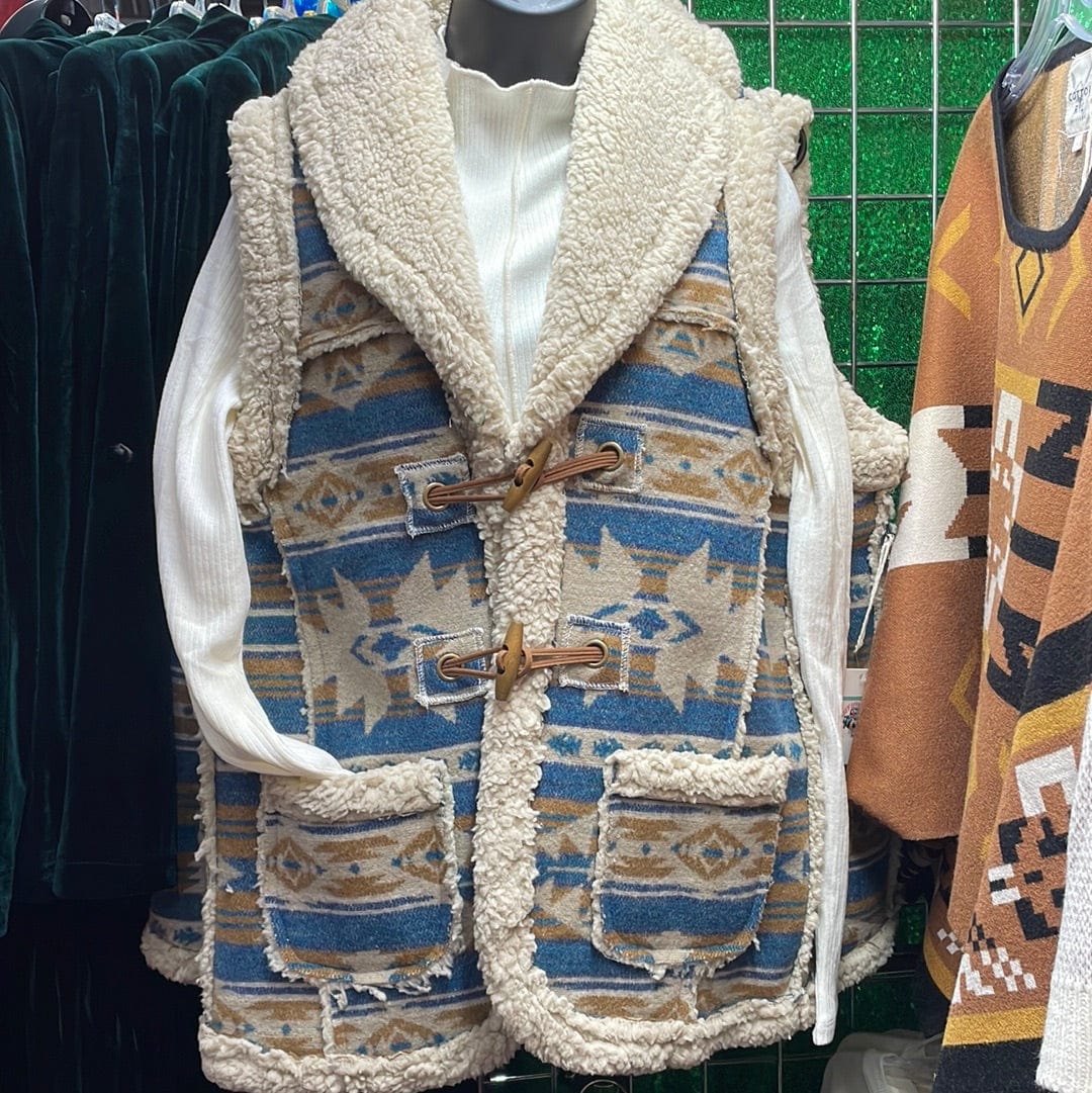 Aztec Sherpa Vest-Vests-Cotton & Rye-Whiskey Ray's Boutique, Women's Western Wear Boutique in Waxahachie, TX