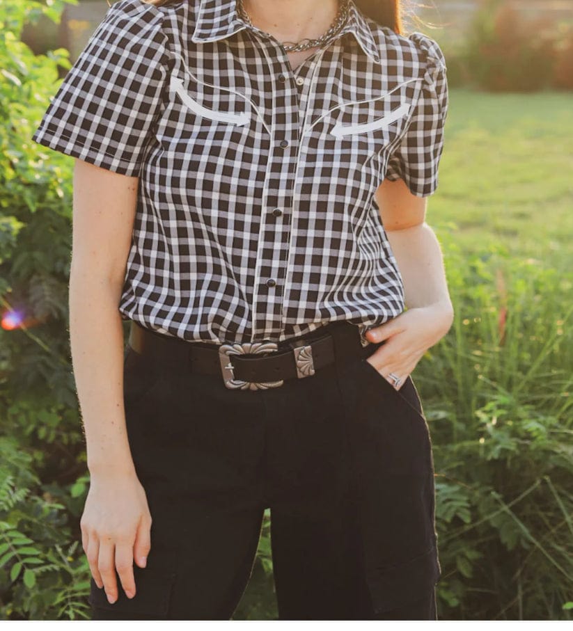 Women's Black Gingham Pearl Snap Shirt-Women's top-HowdyHanny-Whiskey Ray's Boutique, Women's Western Wear Boutique in Waxahachie, TX