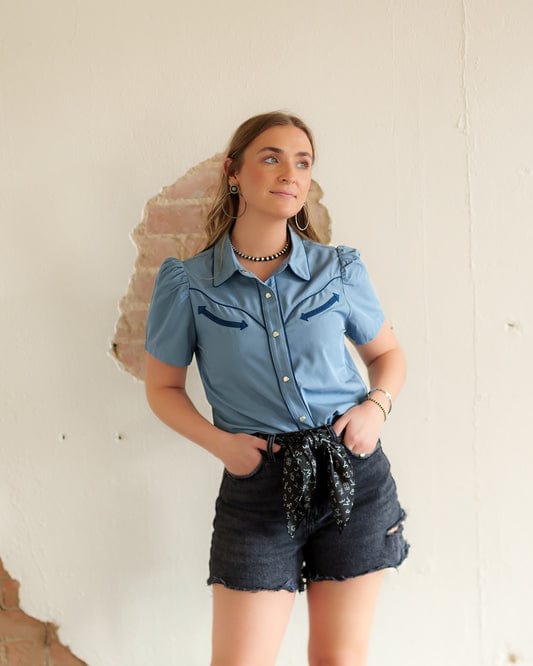 Women's Solid Short Sleeve Puff Pearl Snap Top-Women's top-HowdyHanny-Whiskey Ray's Boutique, Women's Western Wear Boutique in Waxahachie, TX