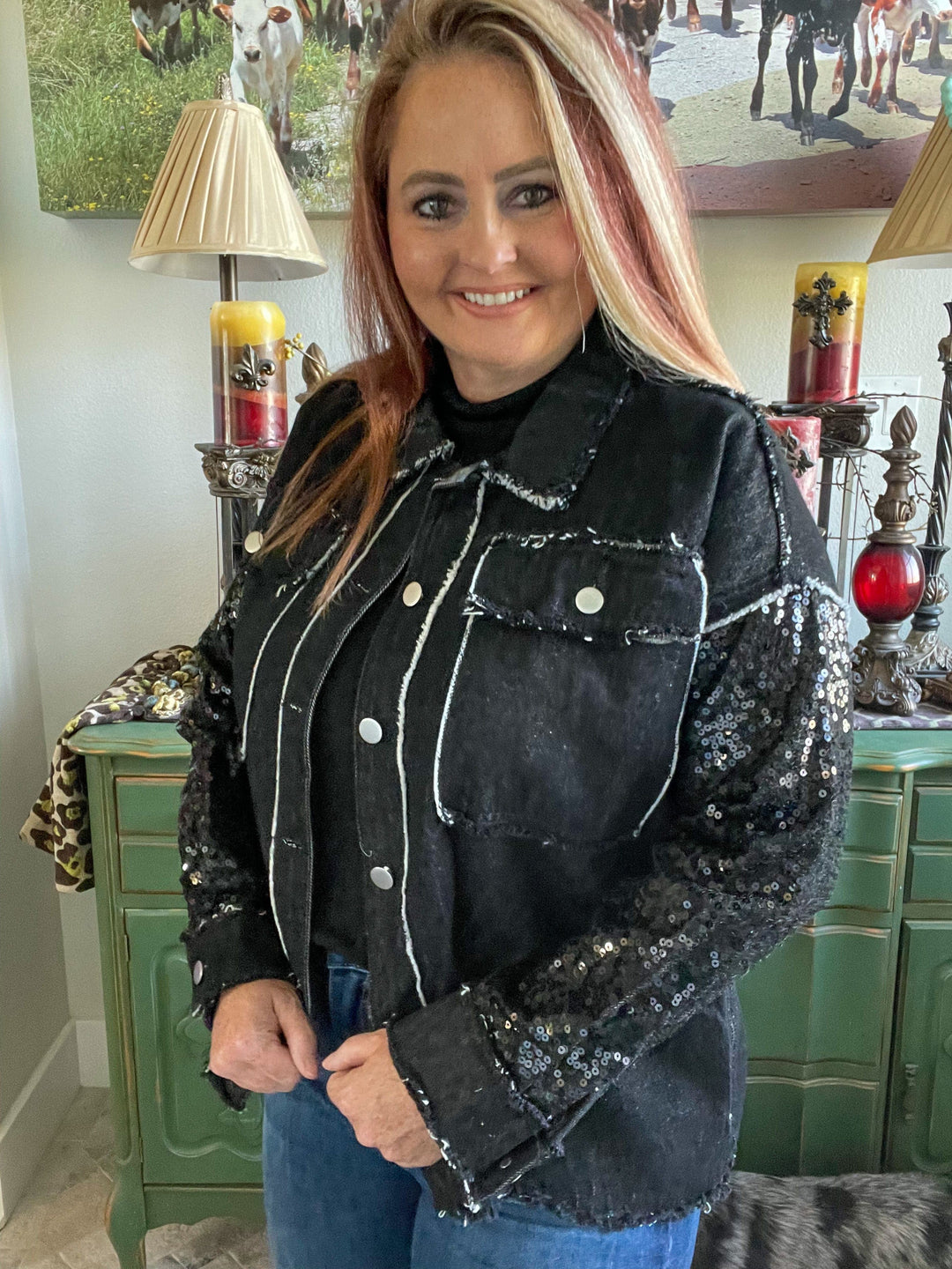 Black sequin Jacket-Coats & Jackets-Whiskey Ray's Boutique-Whiskey Ray's Boutique, Women's Western Wear Boutique in Waxahachie, TX