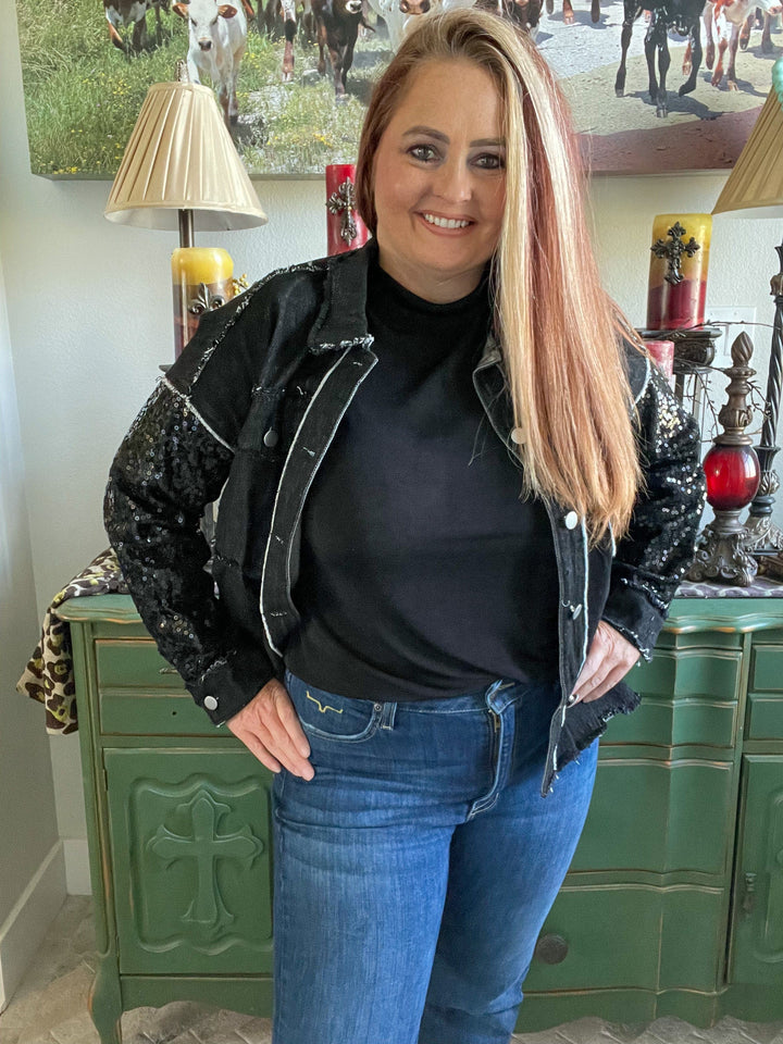 Black sequin Jacket-Coats & Jackets-Whiskey Ray's Boutique-Whiskey Ray's Boutique, Women's Western Wear Boutique in Waxahachie, TX