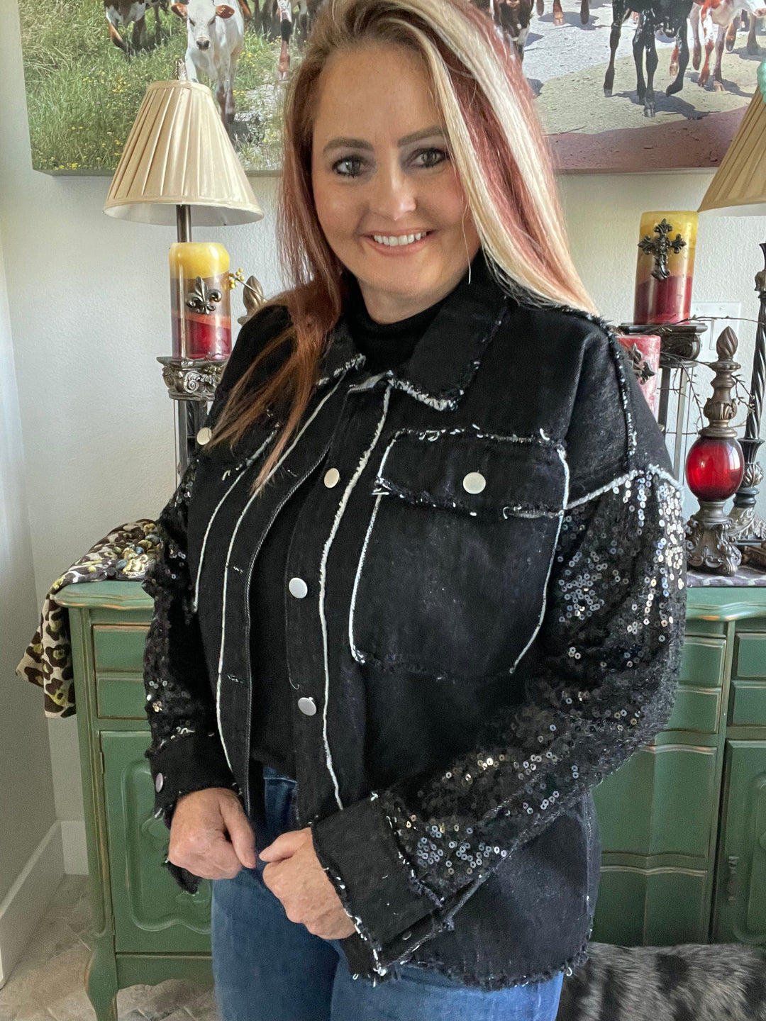 Black sequin Jacket-Coats & Jackets-Whiskey Ray's Boutique-Whiskey Ray's Boutique, Women's Western Wear Boutique in Waxahachie, TX