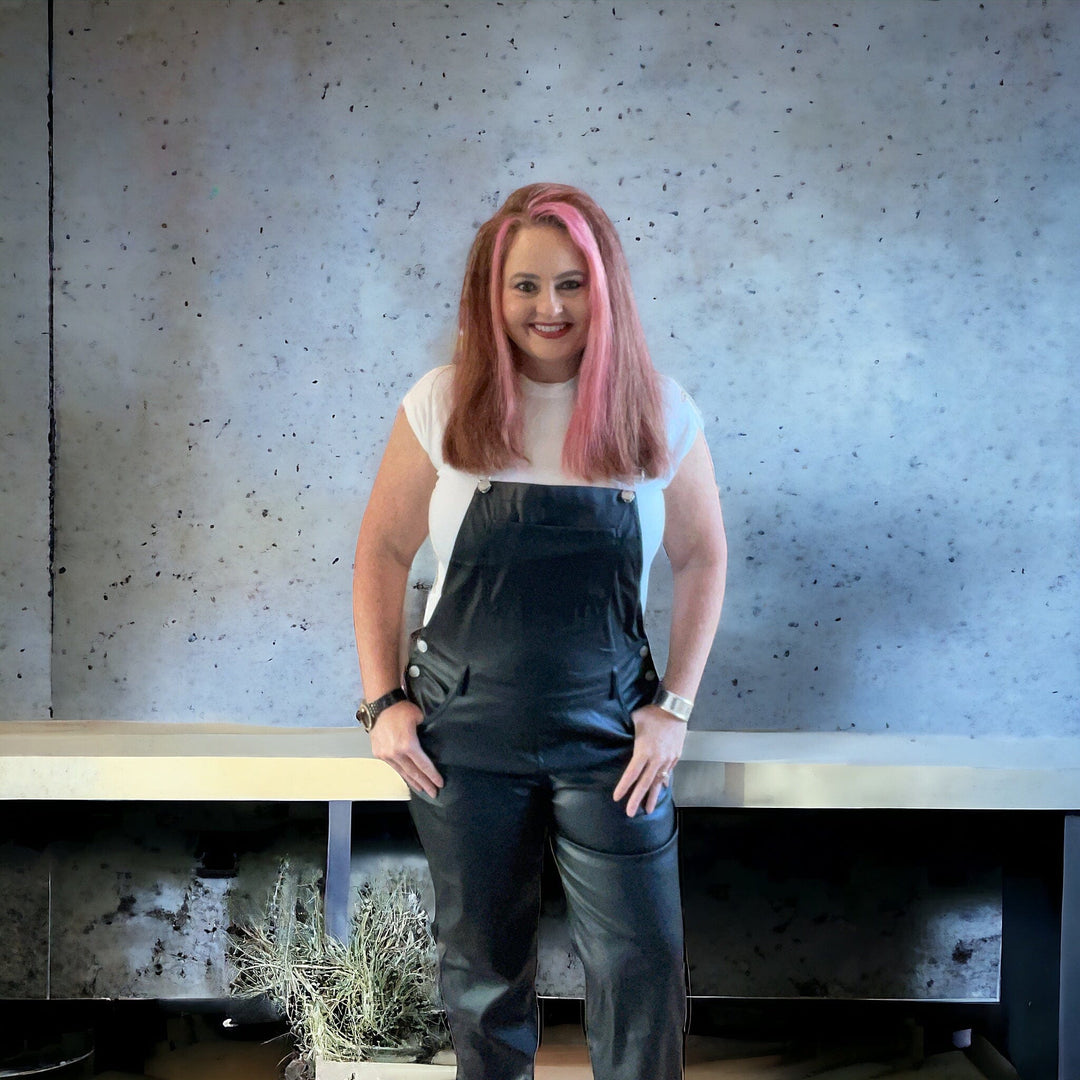 Faux leather overalls-Overalls-Whiskey Ray's Boutique-Whiskey Ray's Boutique, Women's Western Wear Boutique in Waxahachie, TX