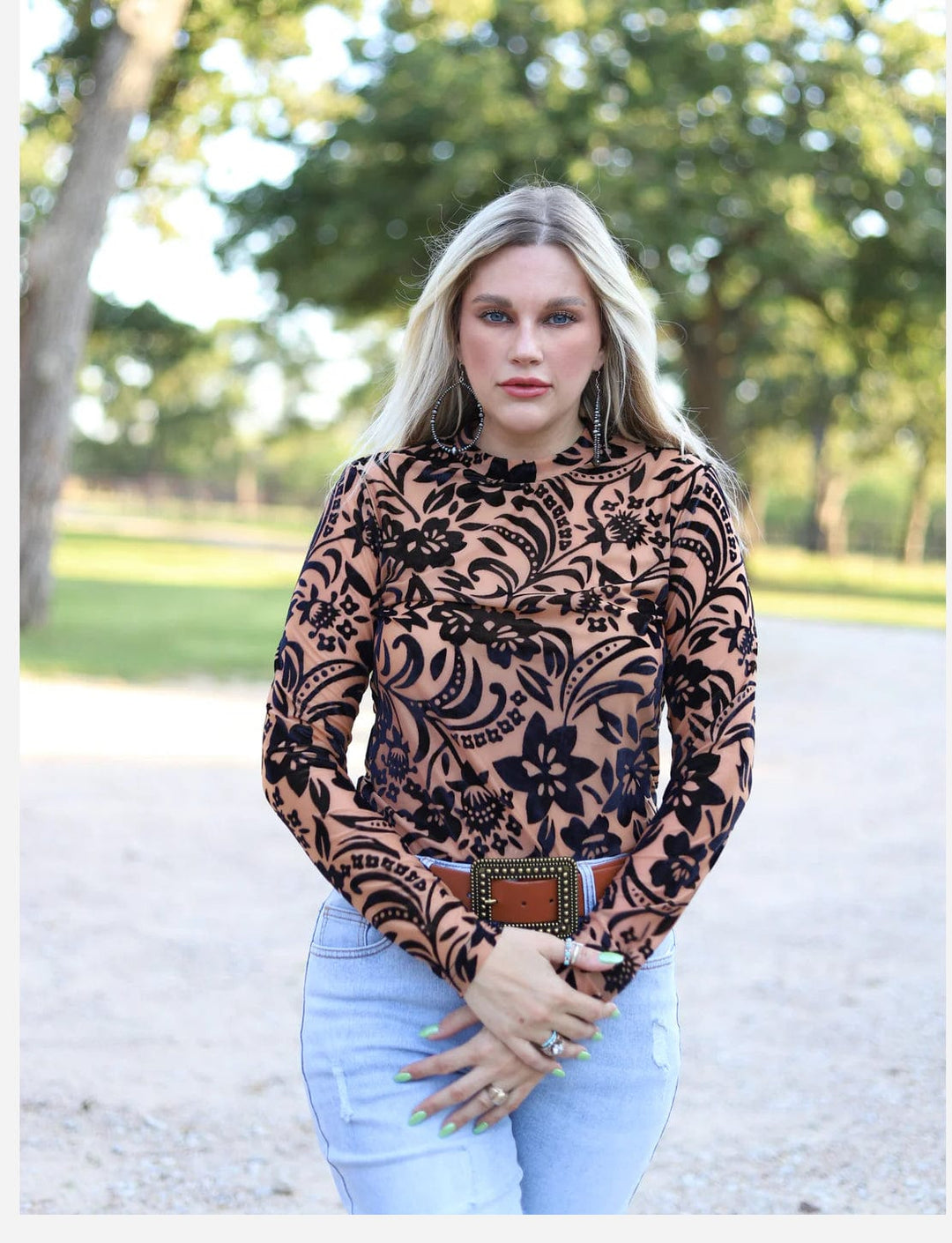 Nude/Black Velvet Mesh Top-Long Sleeves-Whiskey Ray's Boutique-Whiskey Ray's Boutique, Women's Western Wear Boutique in Waxahachie, TX