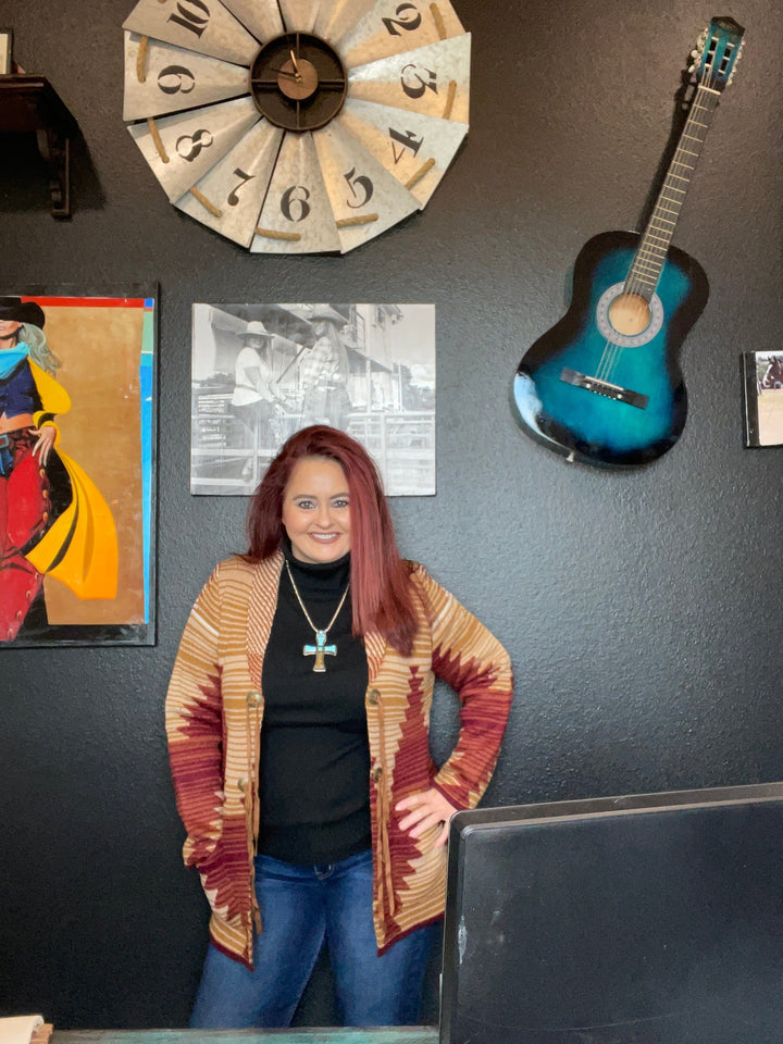 Aztec Concho Cardigan in Rust-Cardigans-Cotton & Rye-Whiskey Ray's Boutique, Women's Western Wear Boutique in Waxahachie, TX