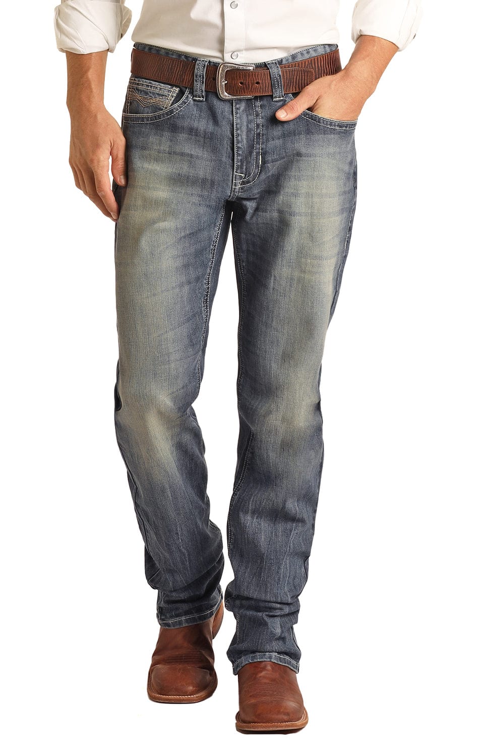 Rock n ROLL Denim RELAXED FIT STRETCH SMALL V TWO TONE STACKABLE BOOTCUT JEANS-Men’s Jeans-Rock & Roll Denim-Whiskey Ray's Boutique, Women's Western Wear Boutique in Waxahachie, TX