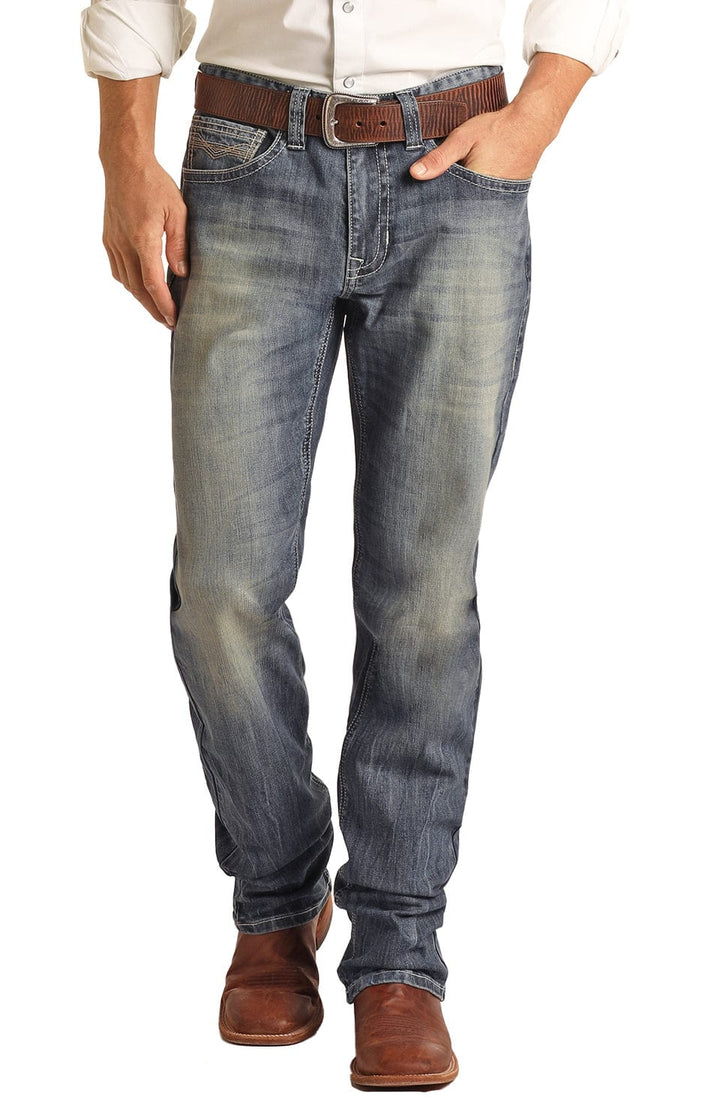 Rock n ROLL Denim RELAXED FIT STRETCH SMALL V TWO TONE STACKABLE BOOTCUT JEANS-Men’s Jeans-Rock & Roll Denim-Whiskey Ray's Boutique, Women's Western Wear Boutique in Waxahachie, TX