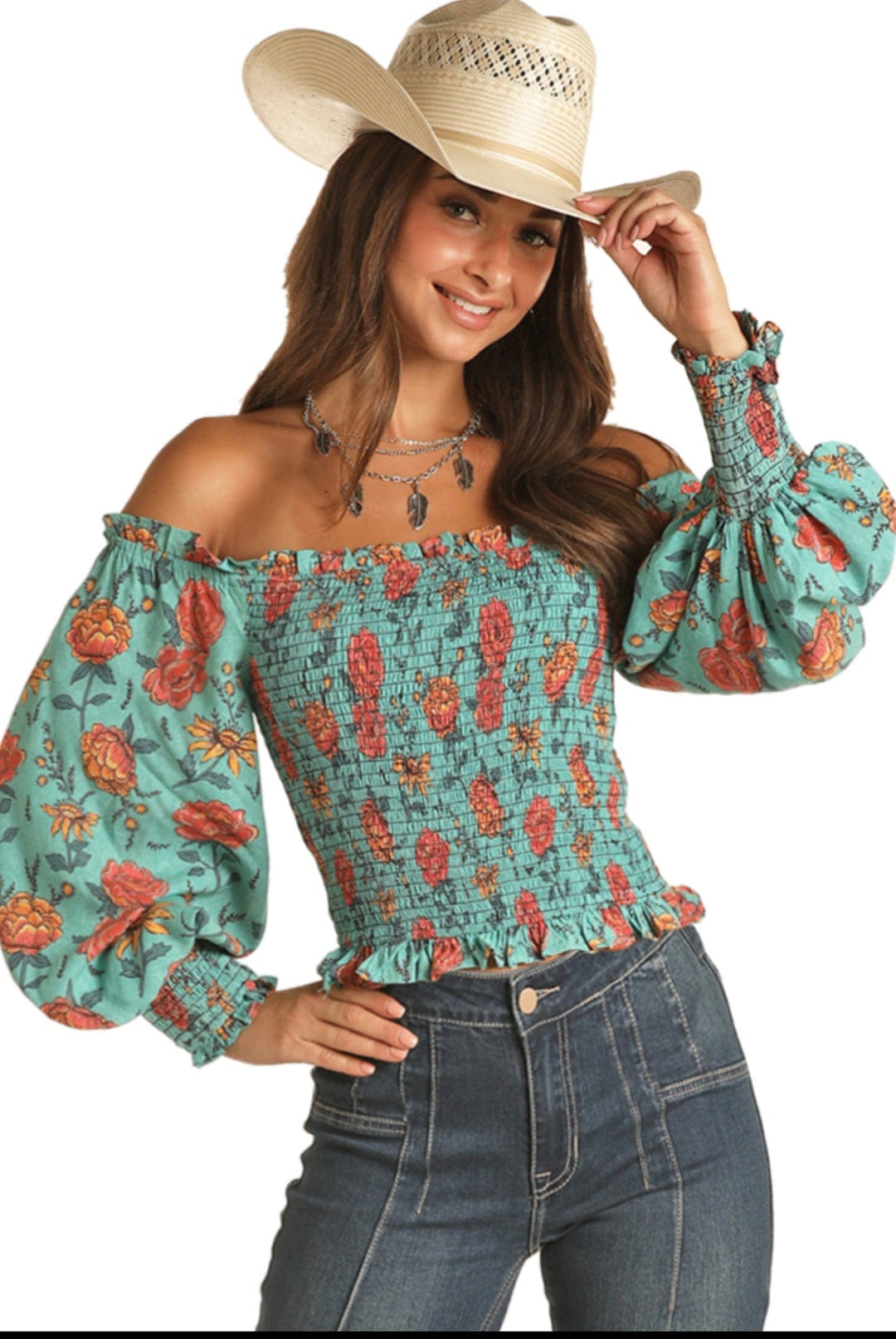 Rock N’ Roll Denim off shoulder Top-Long Sleeves-Rock & Roll Denim-Whiskey Ray's Boutique, Women's Western Wear Boutique in Waxahachie, TX