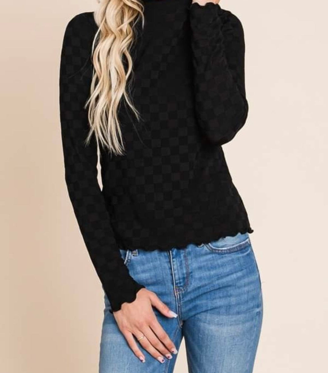 Black Checkered Top-Long Sleeves-Whiskey Ray's Boutique-Whiskey Ray's Boutique, Women's Western Wear Boutique in Waxahachie, TX