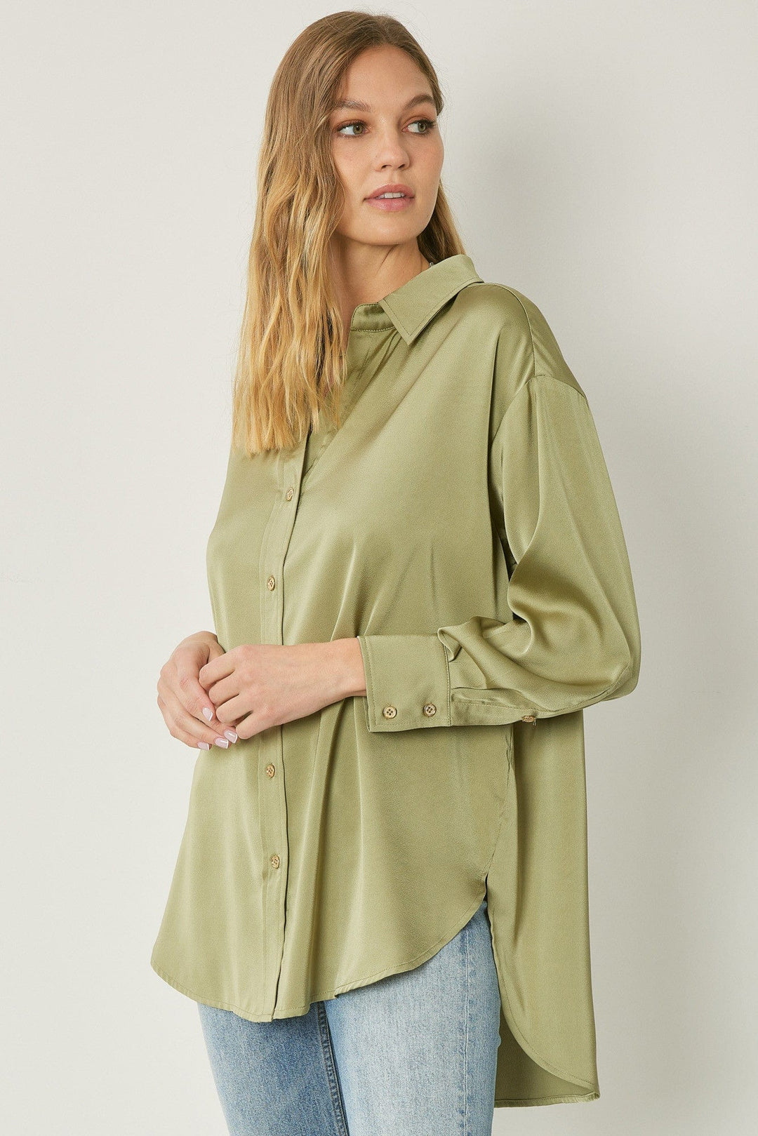 Satin Button up-Olive-Long Sleeves-Whiskey Ray's Boutique-Whiskey Ray's Boutique, Women's Western Wear Boutique in Waxahachie, TX