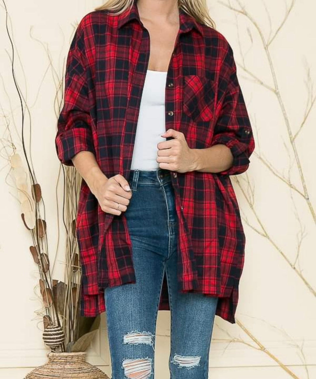 Red/Navy Checkered Top-Long Sleeves-Whiskey Ray's Boutique-Whiskey Ray's Boutique, Women's Western Wear Boutique in Waxahachie, TX