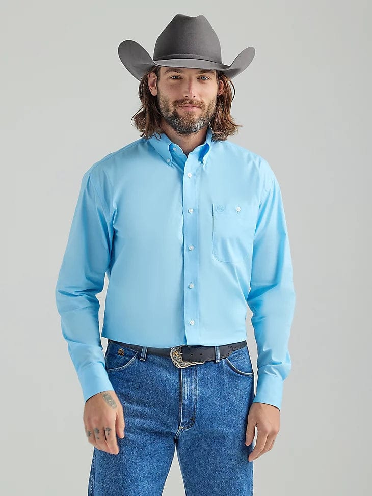 george strait dress shirts Wrangler Mens Teal Plaid Long Sleeve One Pocket Button Down Shirt and wrinkle Men's George Strait Shirt by