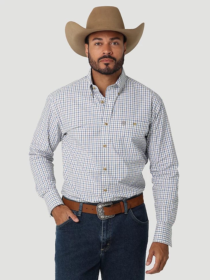 MEN'S GEORGE STRAIT LONG SLEEVE BUTTON DOWN ONE POCKET PLAID SHIRT IN HONORABLE BLUE-Men's Shirts-Wrangler-Whiskey Ray's Boutique, Women's Western Wear Boutique in Waxahachie, TX