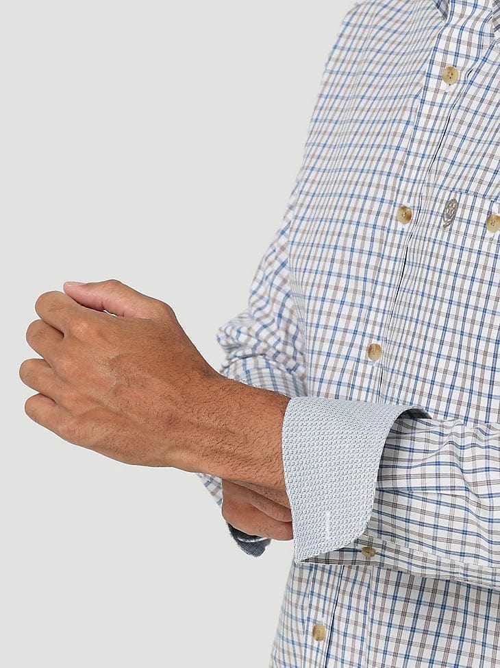 MEN'S GEORGE STRAIT LONG SLEEVE BUTTON DOWN ONE POCKET PLAID SHIRT IN HONORABLE BLUE-Men's Shirts-Wrangler-Whiskey Ray's Boutique, Women's Western Wear Boutique in Waxahachie, TX