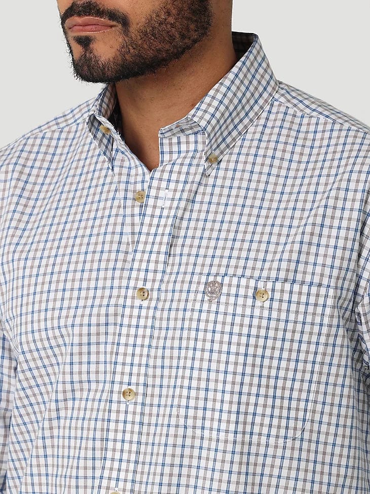 MEN'S GEORGE STRAIT LONG SLEEVE BUTTON DOWN ONE POCKET PLAID SHIRT IN HONORABLE BLUE-Men's Shirts-Wrangler-Whiskey Ray's Boutique, Women's Western Wear Boutique in Waxahachie, TX
