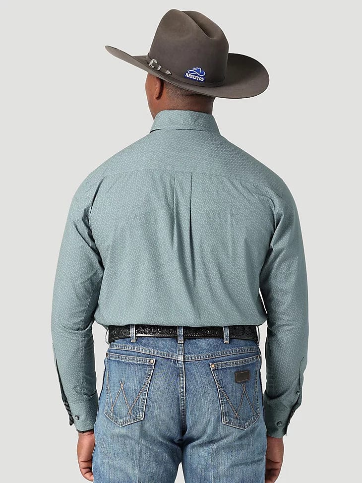 MEN'S GEORGE STRAIT LONG SLEEVE BUTTON DOWN ONE POCKET PRINTED SHIRT IN STEEL NAVY-Men's Shirts-Wrangler-Whiskey Ray's Boutique, Women's Western Wear Boutique in Waxahachie, TX