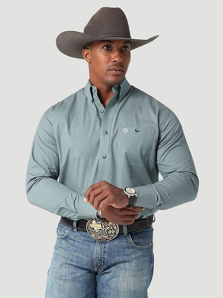MEN'S GEORGE STRAIT LONG SLEEVE BUTTON DOWN ONE POCKET PRINTED SHIRT IN STEEL NAVY-Men's Shirts-Wrangler-Whiskey Ray's Boutique, Women's Western Wear Boutique in Waxahachie, TX