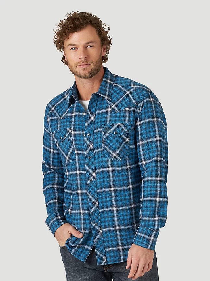 Men's Wrangler Retro® Long Sleeve Flannel Western Snap Plaid Shirt in Blue Cat alternative view 2 MEN'S WRANGLER RETRO® LONG SLEEVE FLANNEL WESTERN SNAP PLAID SHIRT IN BLUE CAT-Men's Shirts-Wrangler-Whiskey Ray's Boutique, Women's Western Wear Boutique in Waxahachie, TX