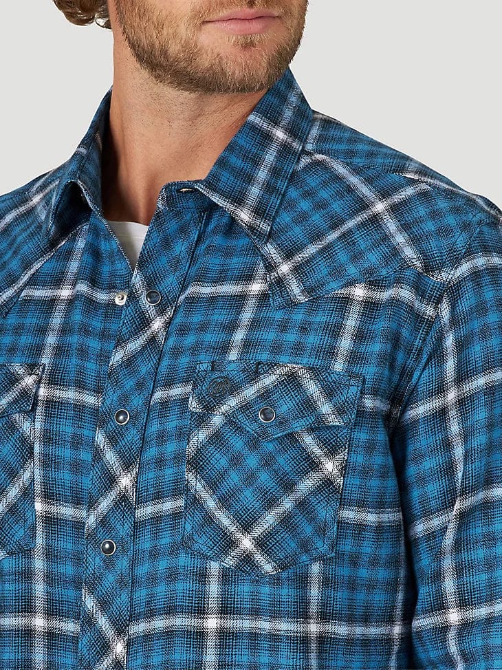 Men's Wrangler Retro® Long Sleeve Flannel Western Snap Plaid Shirt in Blue Cat alternative view 2 MEN'S WRANGLER RETRO® LONG SLEEVE FLANNEL WESTERN SNAP PLAID SHIRT IN BLUE CAT-Men's Shirts-Wrangler-Whiskey Ray's Boutique, Women's Western Wear Boutique in Waxahachie, TX