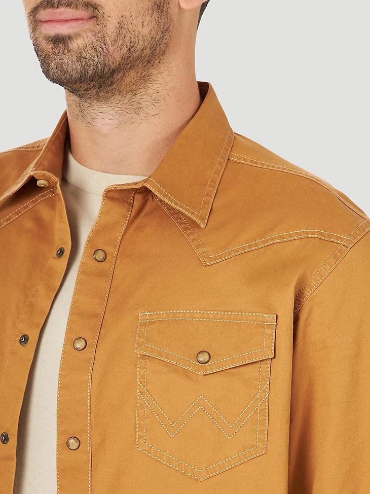 MEN'S WRANGLER RETRO® PREMIUM LONG SLEEVE WESTERN SNAP SOLID SHIRT IN RAWHIDE-Men's Shirts-Wrangler-Whiskey Ray's Boutique, Women's Western Wear Boutique in Waxahachie, TX