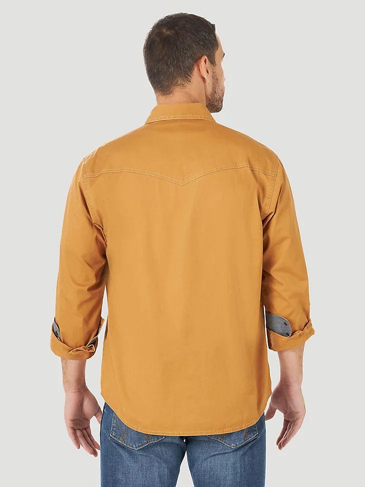 MEN'S WRANGLER RETRO® PREMIUM LONG SLEEVE WESTERN SNAP SOLID SHIRT IN RAWHIDE-Men's Shirts-Wrangler-Whiskey Ray's Boutique, Women's Western Wear Boutique in Waxahachie, TX