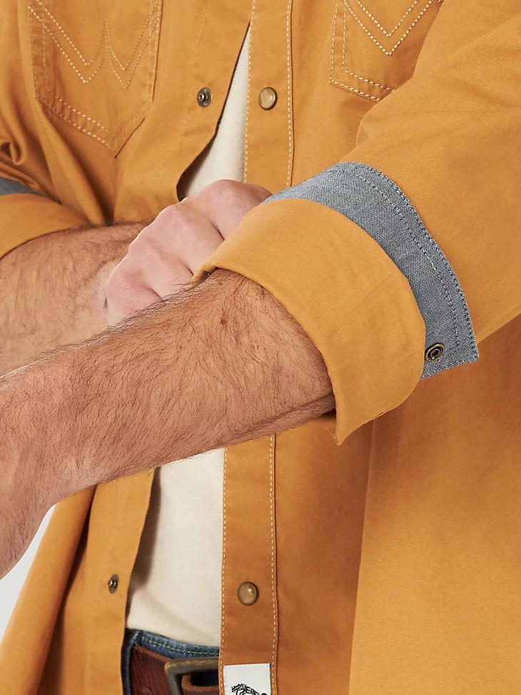 MEN'S WRANGLER RETRO® PREMIUM LONG SLEEVE WESTERN SNAP SOLID SHIRT IN RAWHIDE-Men's Shirts-Wrangler-Whiskey Ray's Boutique, Women's Western Wear Boutique in Waxahachie, TX