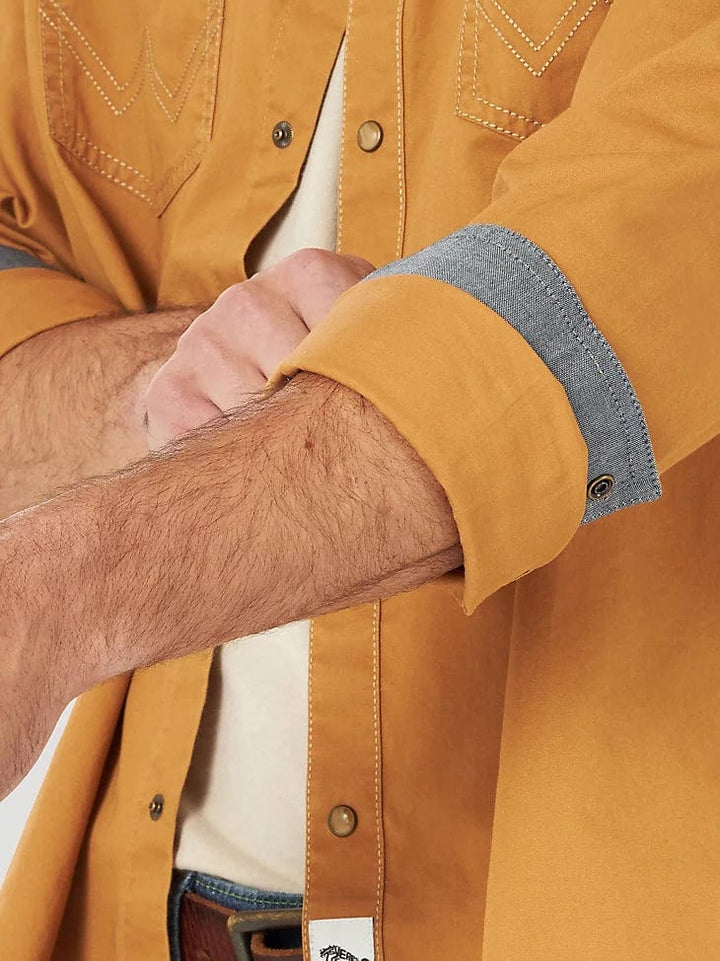 MEN'S WRANGLER RETRO® PREMIUM LONG SLEEVE WESTERN SNAP SOLID SHIRT IN RAWHIDE-Men's Shirts-Wrangler-Whiskey Ray's Boutique, Women's Western Wear Boutique in Waxahachie, TX