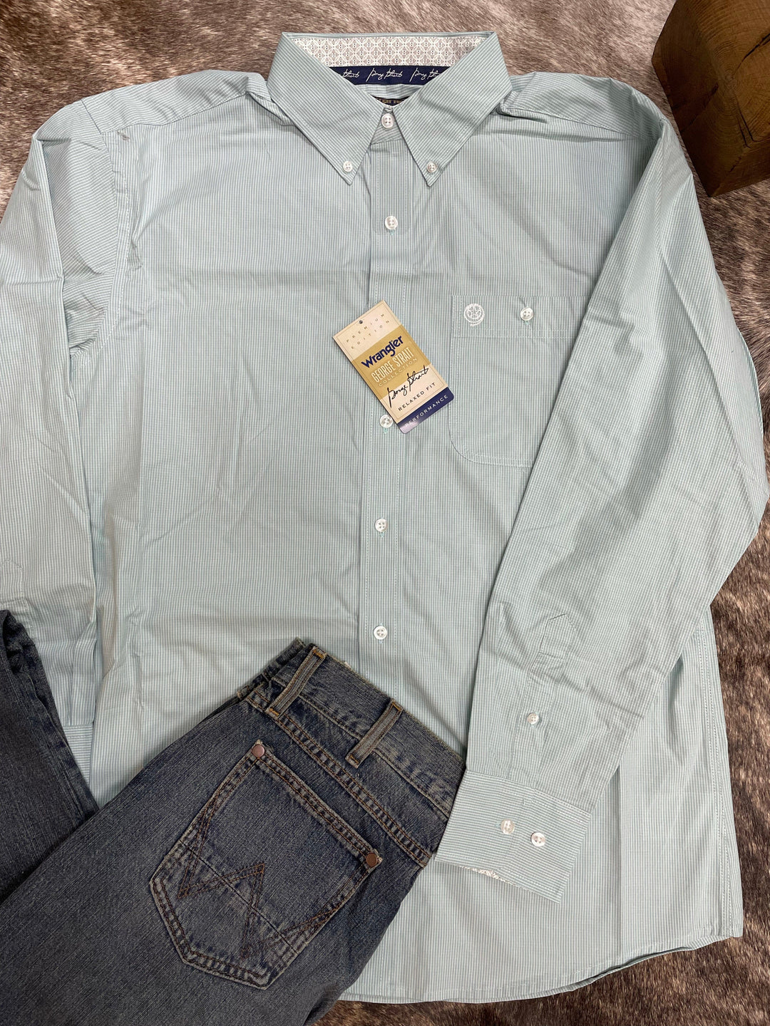 Wrangler® George Strait Collection Long Sleeve Shirt - green-Men's Shirts-Wrangler-Whiskey Ray's Boutique, Women's Western Wear Boutique in Waxahachie, TX