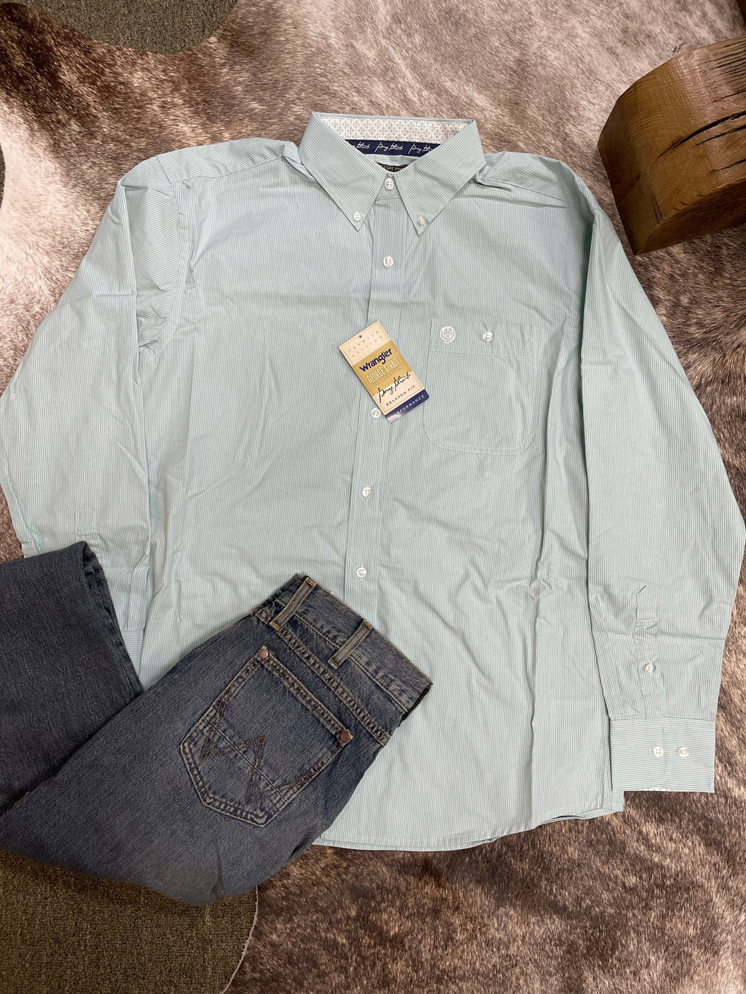 Wrangler® George Strait Collection Long Sleeve Shirt - green-Men's Shirts-Wrangler-Whiskey Ray's Boutique, Women's Western Wear Boutique in Waxahachie, TX