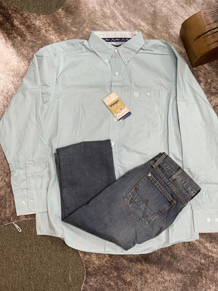 Wrangler® George Strait Collection Long Sleeve Shirt - green-Men's Shirts-Wrangler-Whiskey Ray's Boutique, Women's Western Wear Boutique in Waxahachie, TX