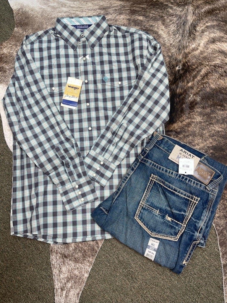 Wrangler George Strait Two Pocket Long Sleeve Shirt-Green/Navy-Men's Shirts-Wrangler-Whiskey Ray's Boutique, Women's Western Wear Boutique in Waxahachie, TX