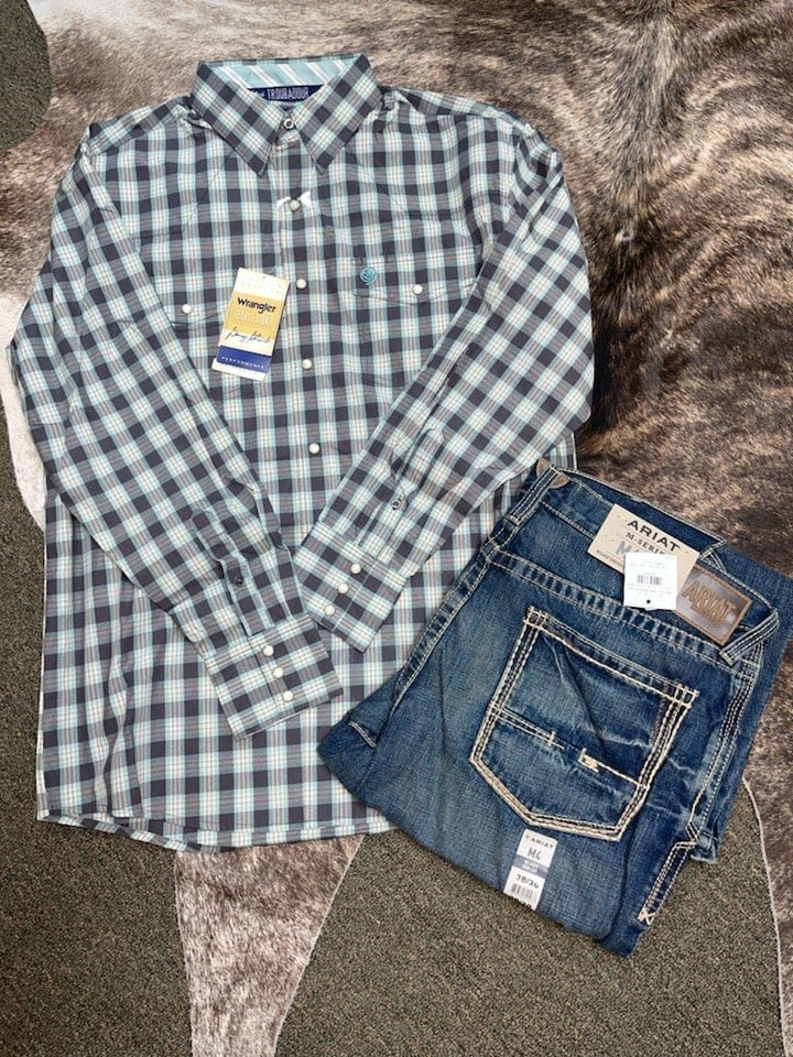 Wrangler George Strait Two Pocket Long Sleeve Shirt-Green/Navy-Men's Shirts-Wrangler-Whiskey Ray's Boutique, Women's Western Wear Boutique in Waxahachie, TX