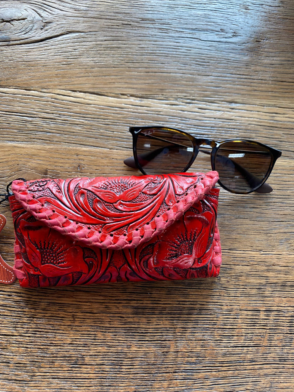 Red Tooled Leather Sunglass Case-Sunglass Cases-American Darling Bags-Whiskey Ray's Boutique, Women's Western Wear Boutique in Waxahachie, TX