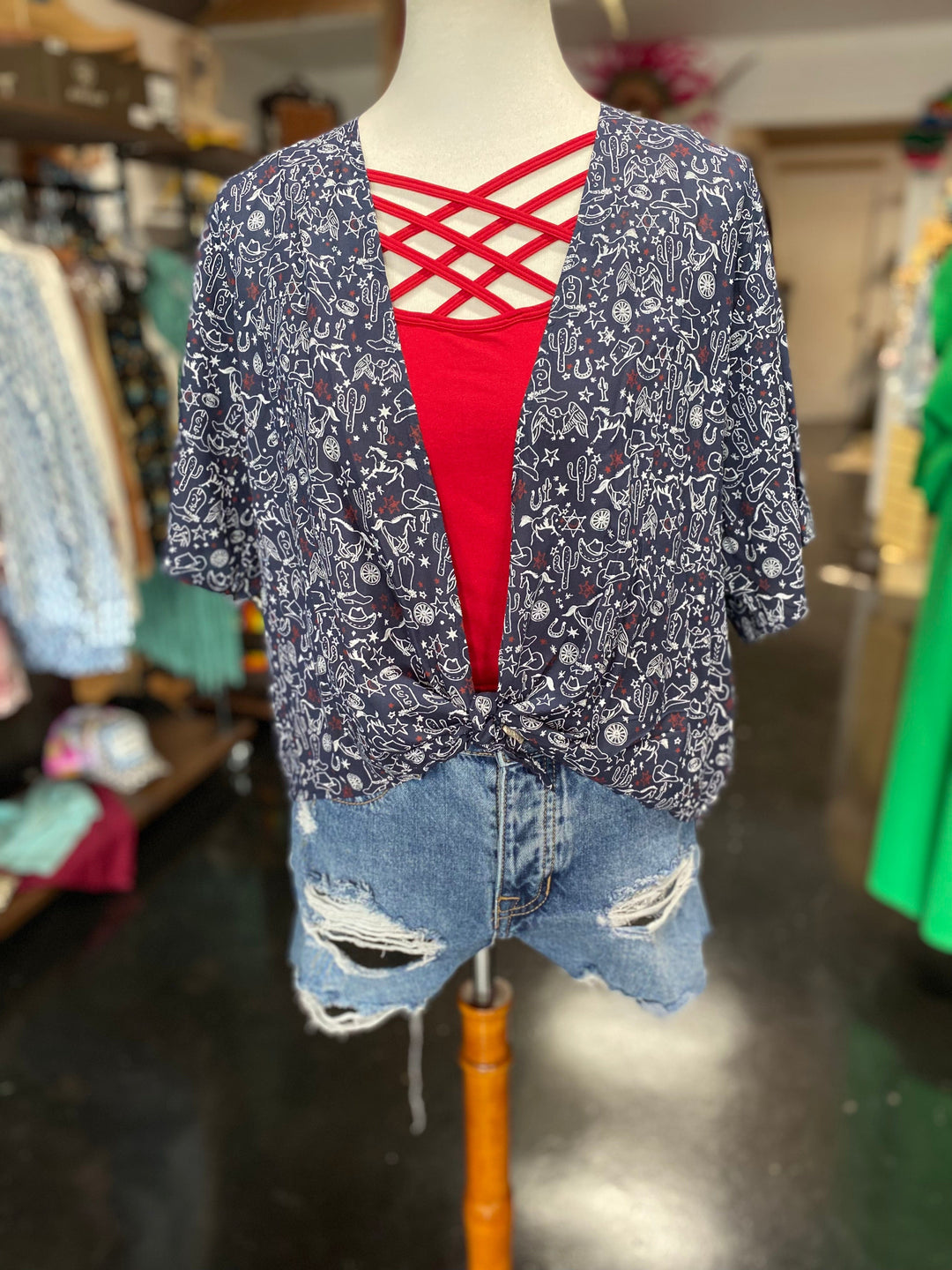 Ariat Women's Short Sleeve Howdy Print Wrap Top - Multi Print-Wraps-Ariat-Whiskey Ray's Boutique, Women's Western Wear Boutique in Waxahachie, TX