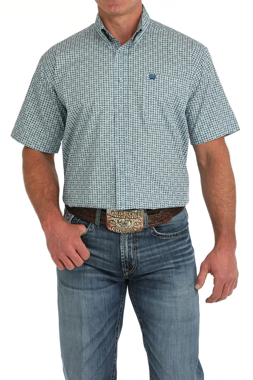 Men's Sea Green And Teal Geometric Button Down Shirt-Men's Shirts-Cinch-Whiskey Ray's Boutique, Women's Western Wear Boutique in Waxahachie, TX