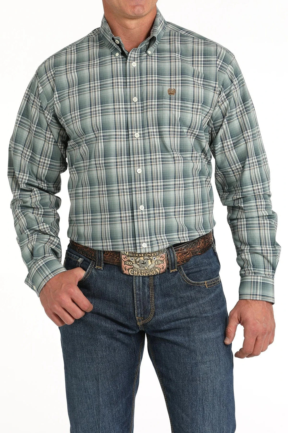 Men's White Geo and Teal Striped Button Down Shirt-Men's Shirts-Cinch-Whiskey Ray's Boutique, Women's Western Wear Boutique in Waxahachie, TX
