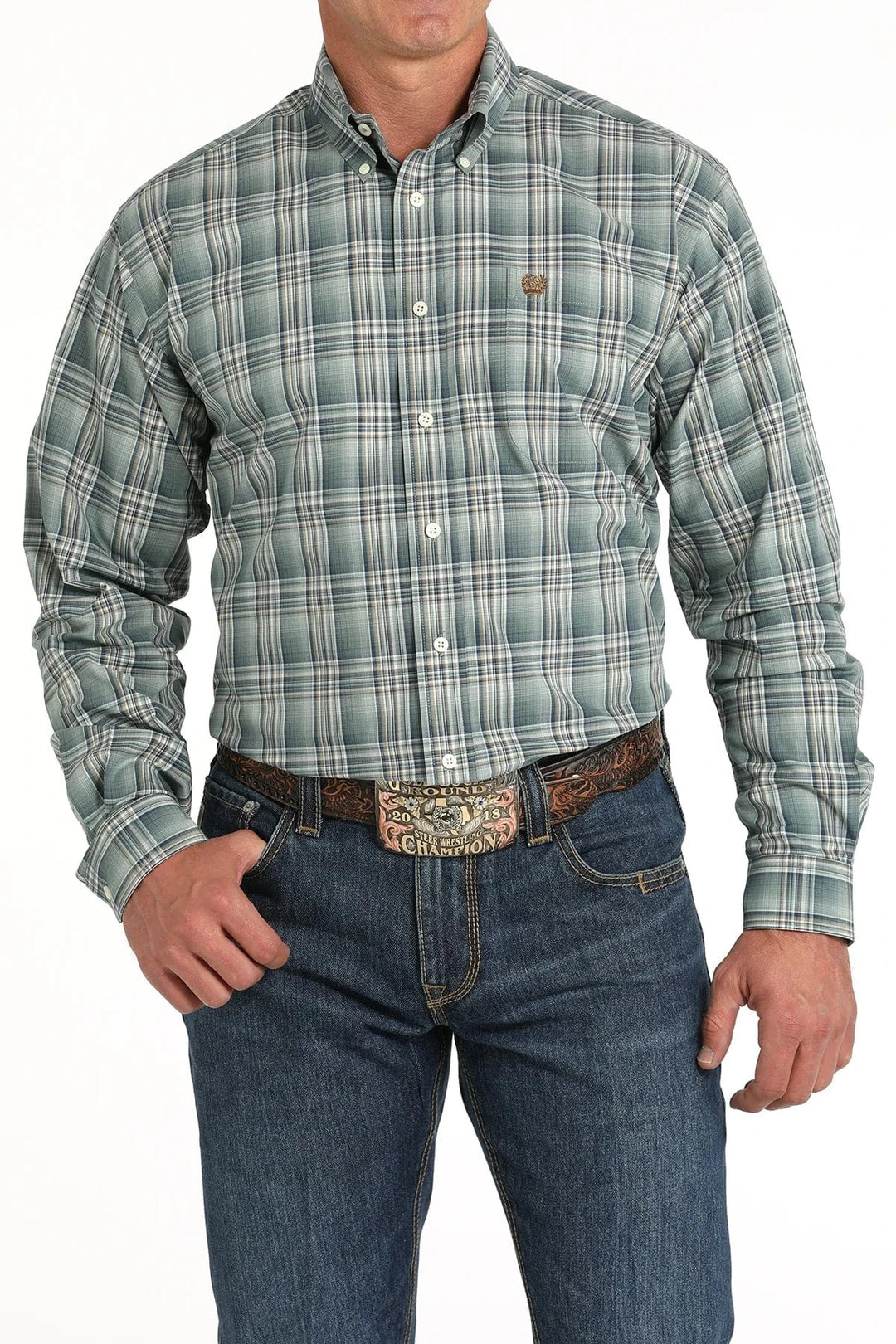 Men's White Geo and Teal Striped Button Down Shirt-Men's Shirts-Cinch-Whiskey Ray's Boutique, Women's Western Wear Boutique in Waxahachie, TX