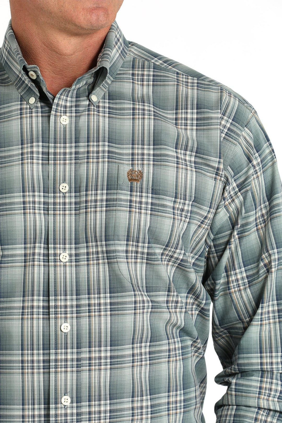 Men's White Geo and Teal Striped Button Down Shirt-Men's Shirts-Cinch-Whiskey Ray's Boutique, Women's Western Wear Boutique in Waxahachie, TX