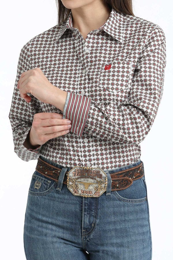 Cinch White Geometric Print - Ladies Shirt-Women's top-Cinch-Whiskey Ray's Boutique, Women's Western Wear Boutique in Waxahachie, TX