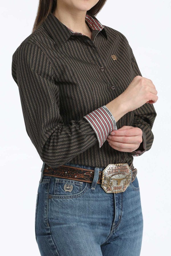 Cinch Women's Brown Geo Stripe Print Button Long Sleeve Western Shirt-Women's top-Cinch-Whiskey Ray's Boutique, Women's Western Wear Boutique in Waxahachie, TX