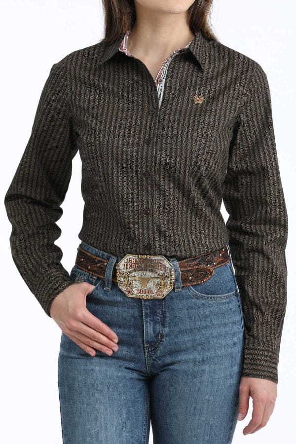 Cinch Women's Brown Geo Stripe Print Button Long Sleeve Western Shirt-Women's top-Cinch-Whiskey Ray's Boutique, Women's Western Wear Boutique in Waxahachie, TX
