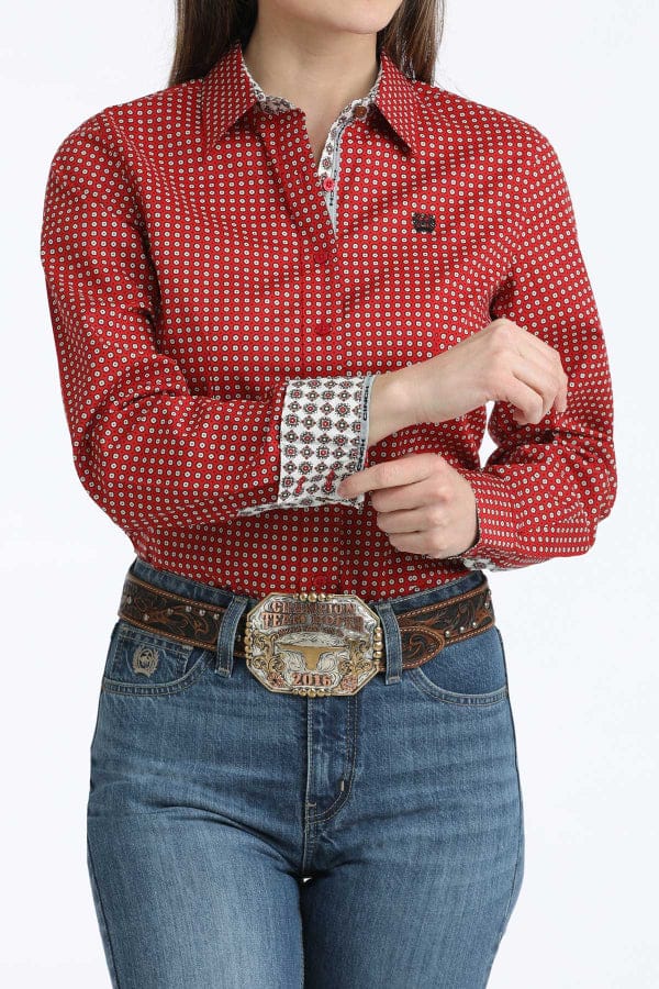 Women's Cinch Red Printed Button Down Long Sleeve Western Shirt-Women's top-Cinch-Whiskey Ray's Boutique, Women's Western Wear Boutique in Waxahachie, TX