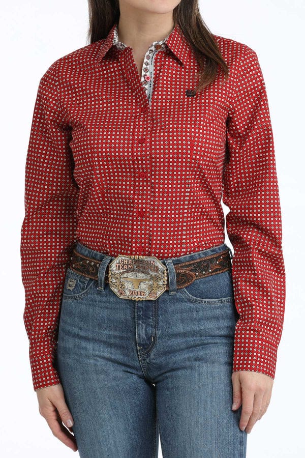 Women's Cinch Red Printed Button Down Long Sleeve Western Shirt-Women's top-Cinch-Whiskey Ray's Boutique, Women's Western Wear Boutique in Waxahachie, TX