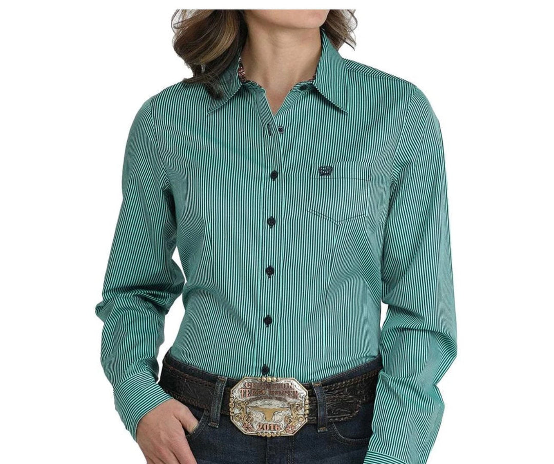 Women's Cinch Tencel Turquoise Stripe Button Down Long Sleeve Western Shirt-Women's top-Cinch-Whiskey Ray's Boutique, Women's Western Wear Boutique in Waxahachie, TX