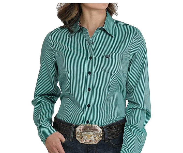 Women's Cinch Tencel Turquoise Stripe Button Down Long Sleeve Western Shirt-Women's top-Cinch-Whiskey Ray's Boutique, Women's Western Wear Boutique in Waxahachie, TX